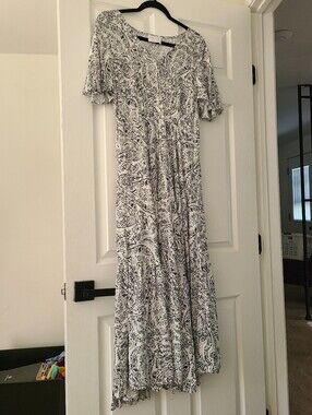 Iris Maxi Black White Paisley Button-Front Dress Size 10 XL Milkmaid Praire